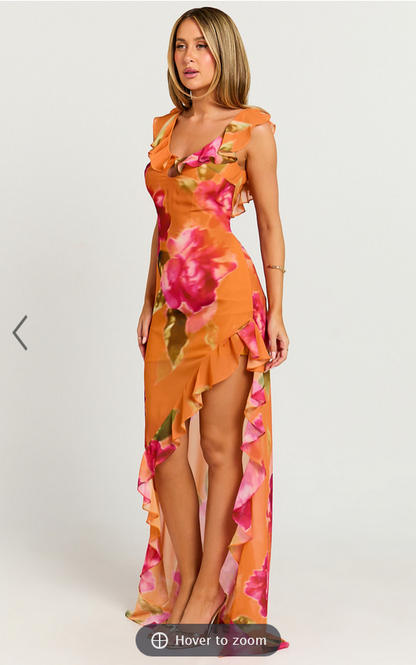 Showpo Theadore Maxi Dress - One Shoulder Asymmetric Hem Dress in Tropical Sunset