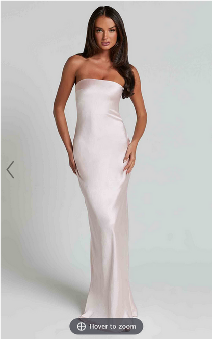 Showpo Charlita Maxi Dress - Strapless Cowl Back Satin Dress in Pale Pink