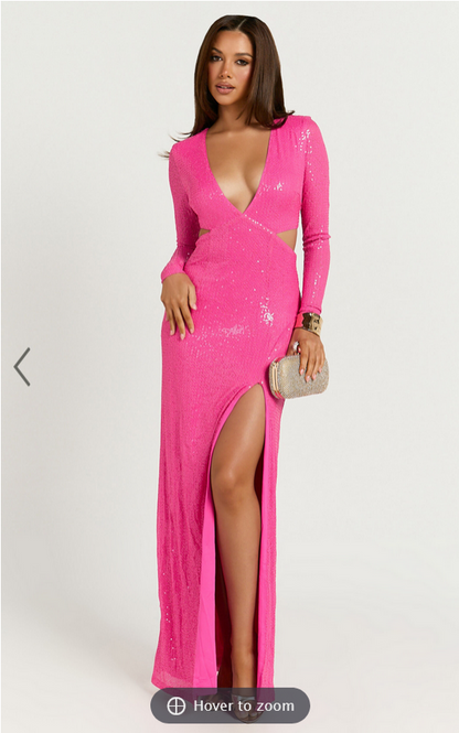 Showpo Nerissa Maxi Dress - Sequin Plunge Cut Out Thigh Split Dress in Hot Pink