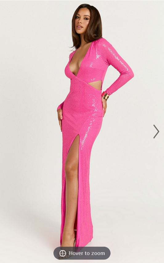 Showpo Nerissa Maxi Dress - Sequin Plunge Cut Out Thigh Split Dress in Hot Pink