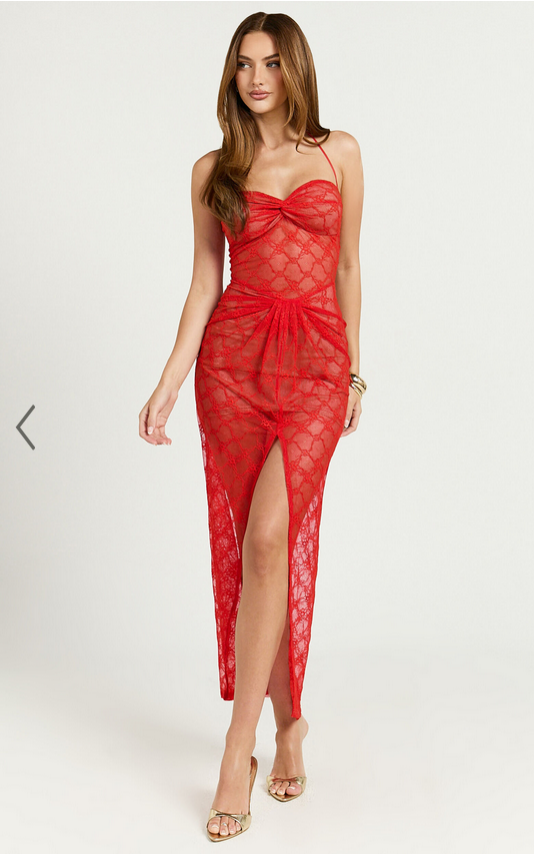 Showpo Yuna Midi Dress - Halter Twist Detail Drape Lace Dress in Red Orange