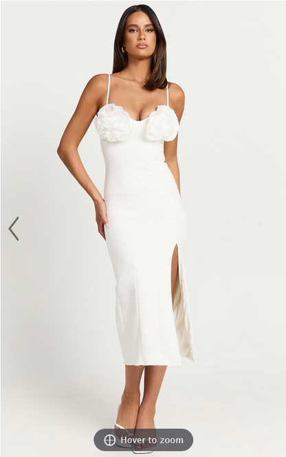 Showpo Benji Midi Dress - Ruffle Bodice Fitted Side Split Dress in Off White