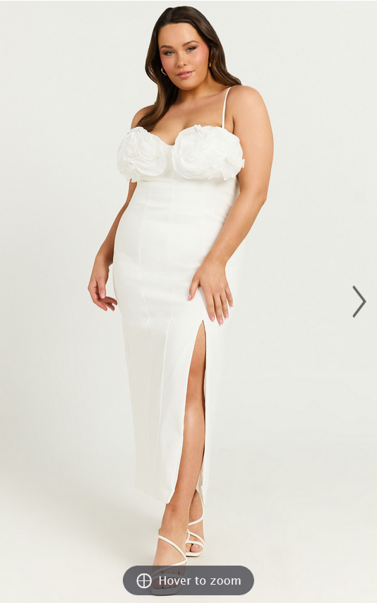 Showpo Benji Midi Dress - Ruffle Bodice Fitted Side Split Dress in Off White