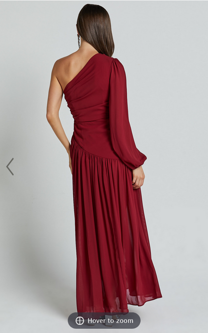 Showpo Grittah Midi Dress - One Shoulder Bishop Sleeve High Split Ruched Dress