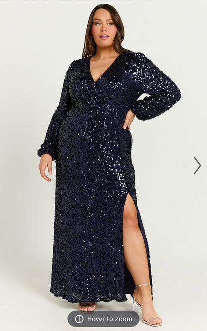 Showpo Mariella Midi Dress - Sequin Long Sleeve Thigh Split Dress in Navy