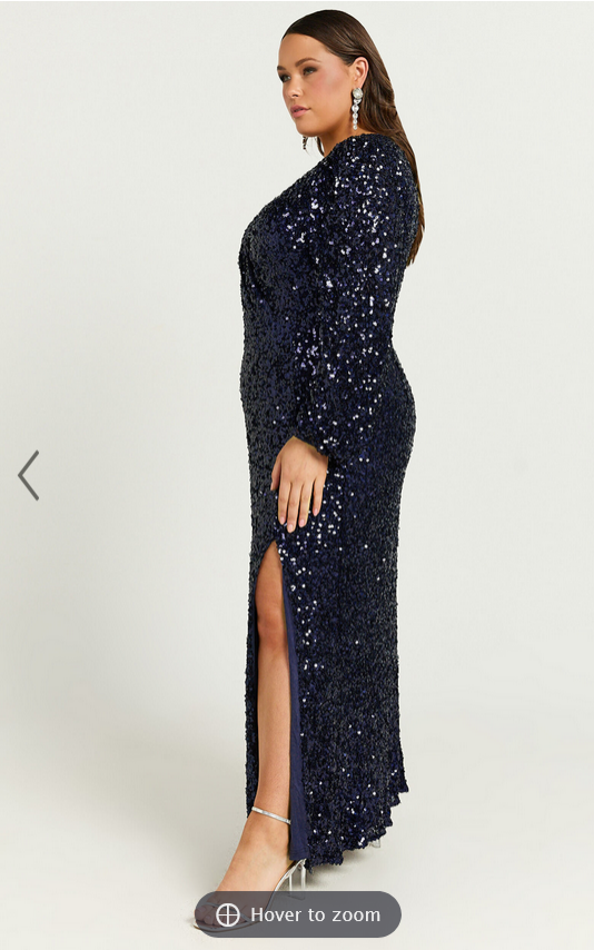 Showpo Mariella Midi Dress - Sequin Long Sleeve Thigh Split Dress in Navy