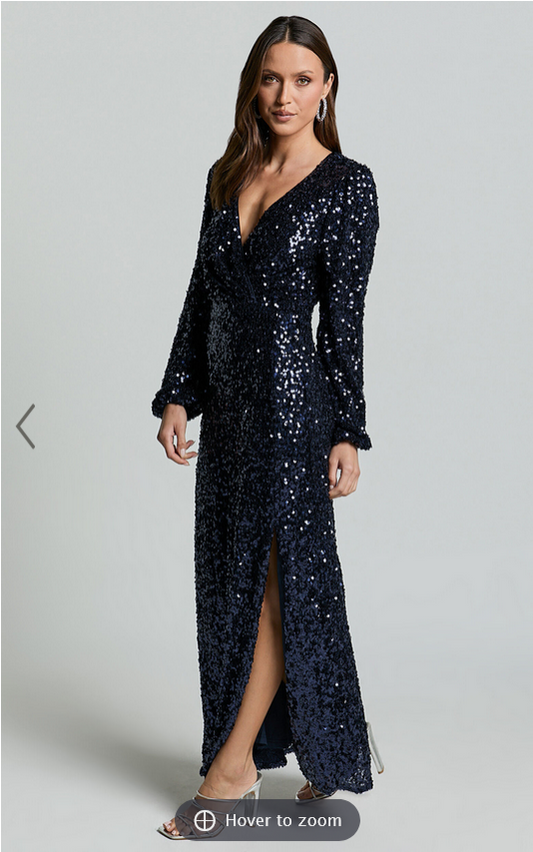 Showpo Mariella Midi Dress - Sequin Long Sleeve Thigh Split Dress in Navy