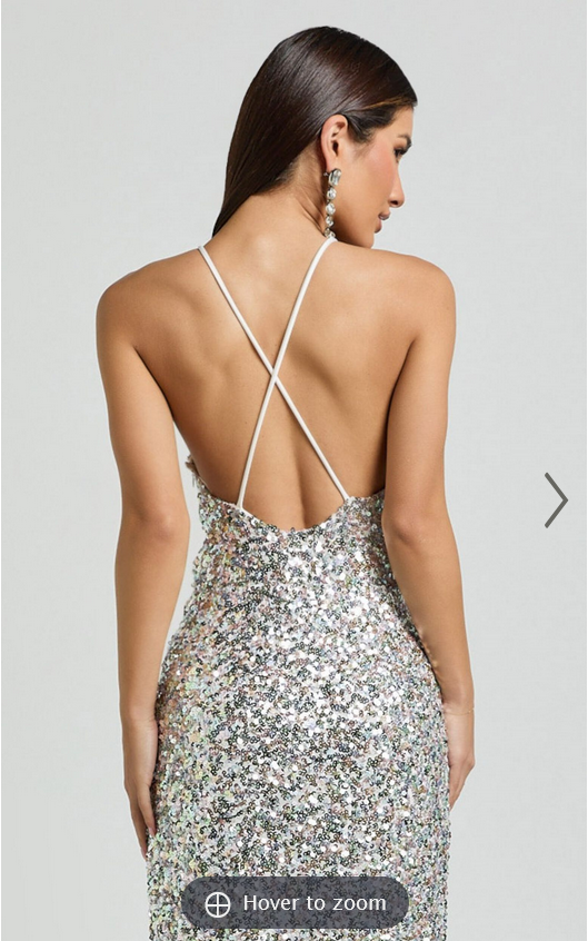 Showpo Frieda Maxi Dress - Halter Neck Cross Back Sequin Dress in Rainbow Silver