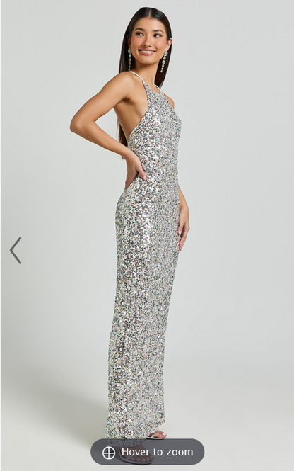 Showpo Frieda Maxi Dress - Halter Neck Cross Back Sequin Dress in Rainbow Silver