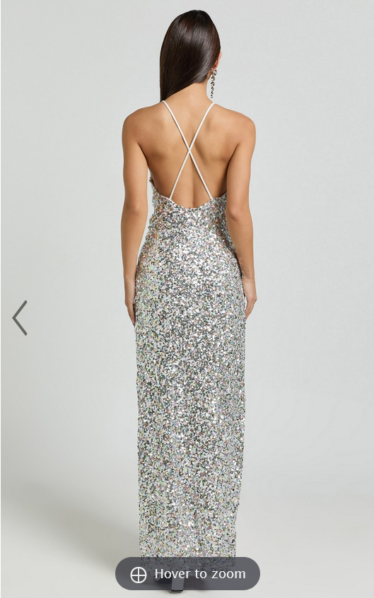 Showpo Frieda Maxi Dress - Halter Neck Cross Back Sequin Dress in Rainbow Silver