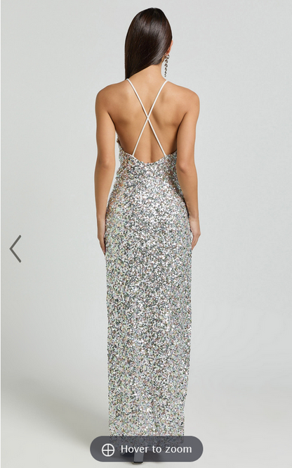 Showpo Frieda Maxi Dress - Halter Neck Cross Back Sequin Dress in Rainbow Silver