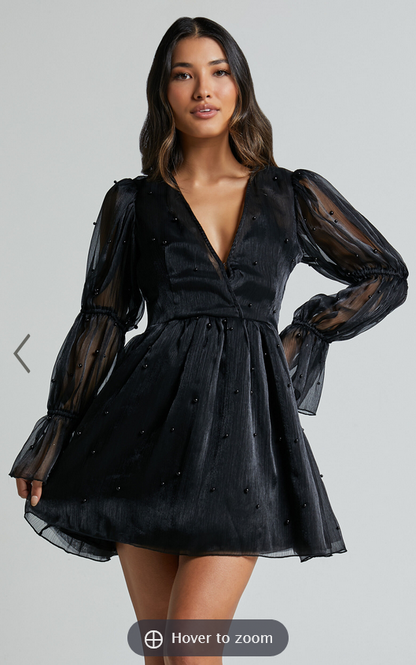 Showpo Lanna Mini Dress - Long Puff Sleeve V Neck Dress in Black