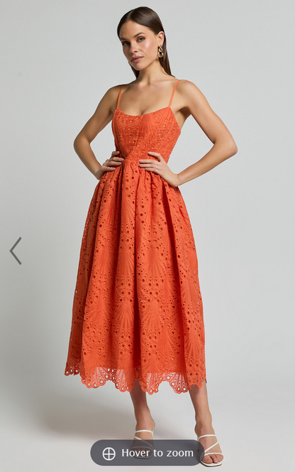 Showpo Gabriella Midi Dress - Strappy Gathered Skirt Embroidered Dress in Orange