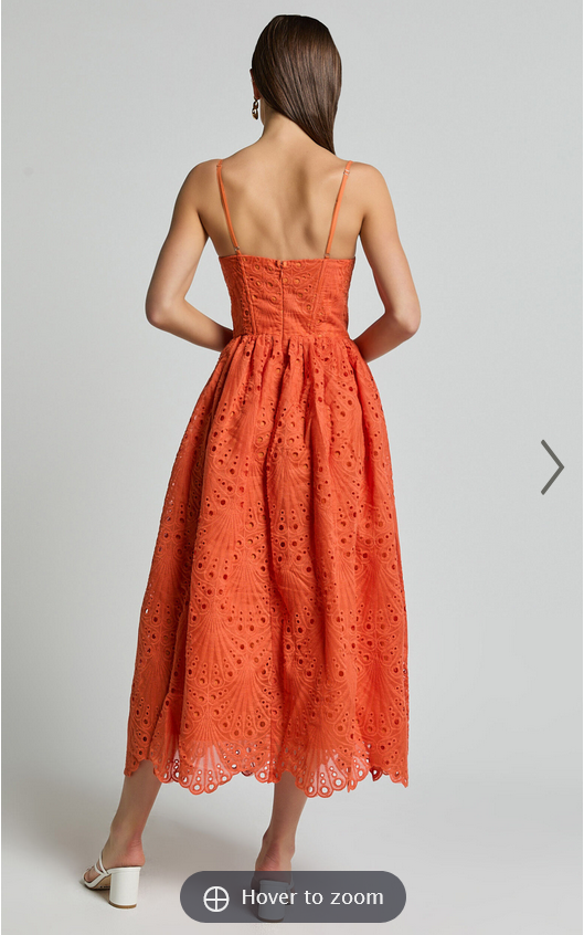 Showpo Gabriella Midi Dress - Strappy Gathered Skirt Embroidered Dress in Orange