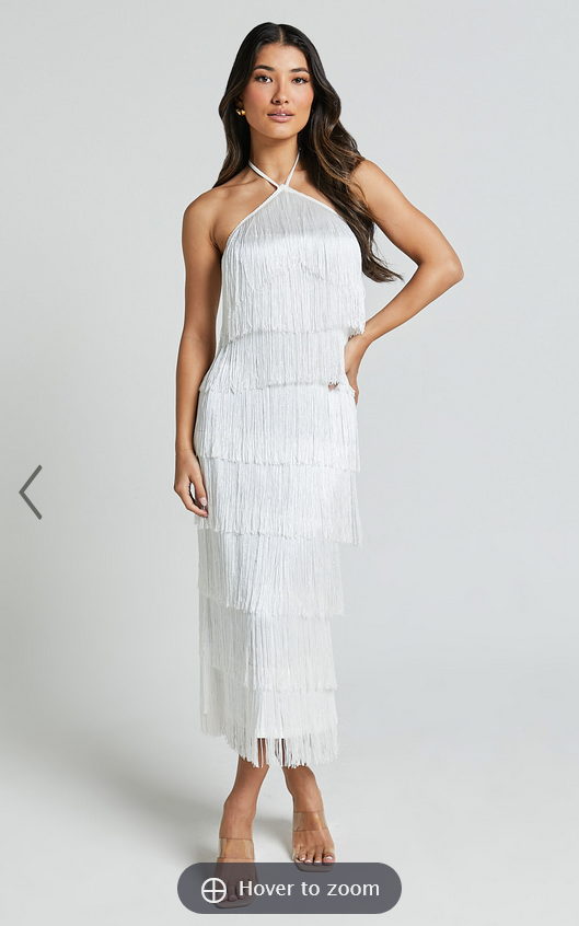 Showpo Trixie Maxi Dress - Diamond Halter Neck Fringe Tiered Dress in White