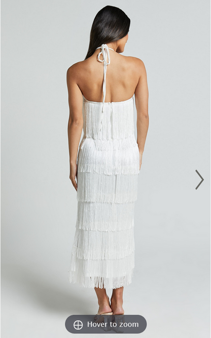 Showpo Trixie Maxi Dress - Diamond Halter Neck Fringe Tiered Dress in White