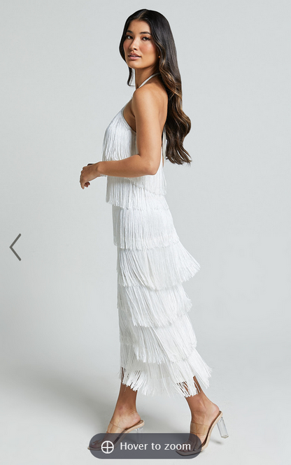 Showpo Trixie Maxi Dress - Diamond Halter Neck Fringe Tiered Dress in White