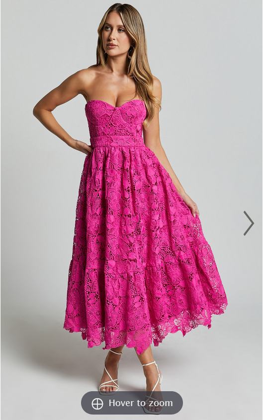 Showpo Gabriela Midi Dress - Strapless Lace Dress in Magenta