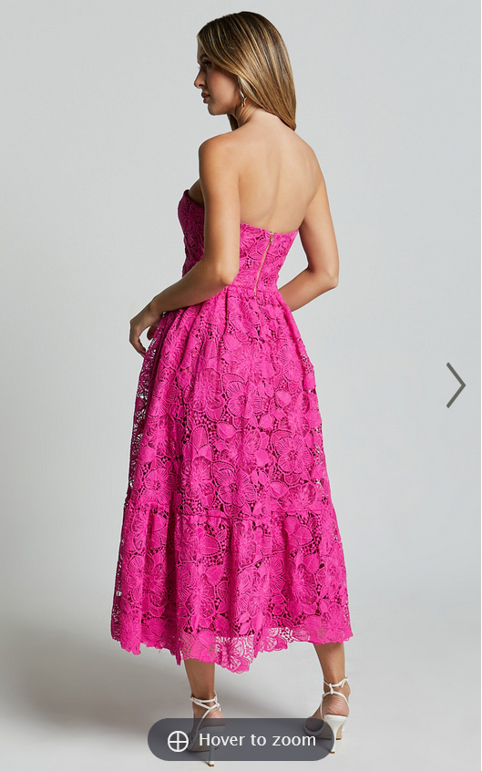 Showpo Gabriela Midi Dress - Strapless Lace Dress in Magenta