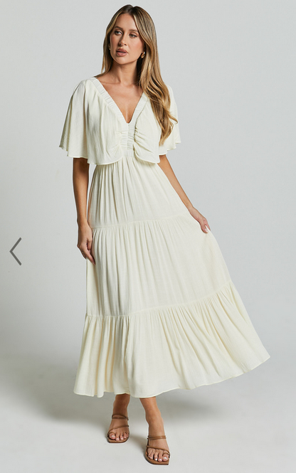 Showpo Danny Midi Dress - Ruffle Sleeve Tiered Dress in Natural