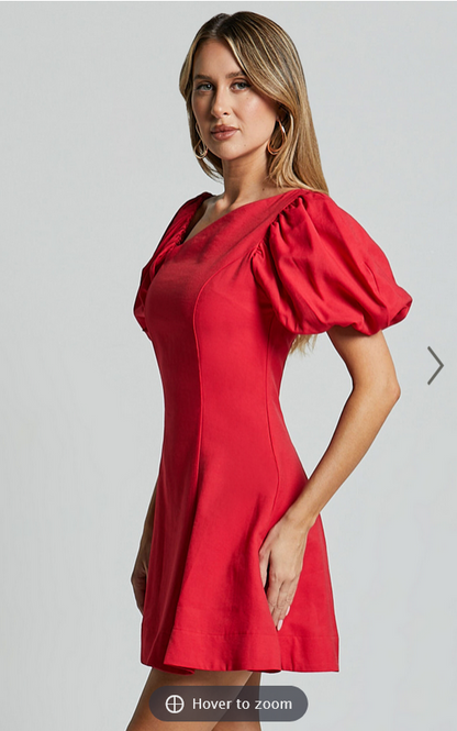 Showpo Harlow Mini Dress - Asymmetric Puff Sleeve Flare Dress in Red