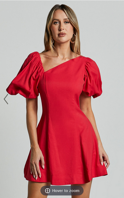 Showpo Harlow Mini Dress - Asymmetric Puff Sleeve Flare Dress in Red