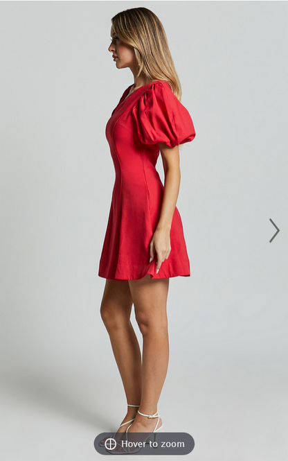 Showpo Harlow Mini Dress - Asymmetric Puff Sleeve Flare Dress in Red