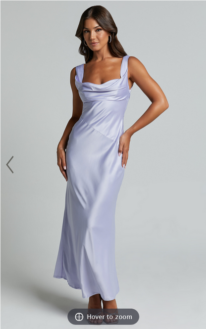 Showpo Cecilia Midi Dress - Cowl Neck Satin Bias Cut Dress in Lilac