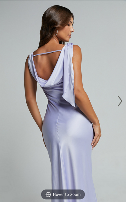 Showpo Cecilia Midi Dress - Cowl Neck Satin Bias Cut Dress in Lilac