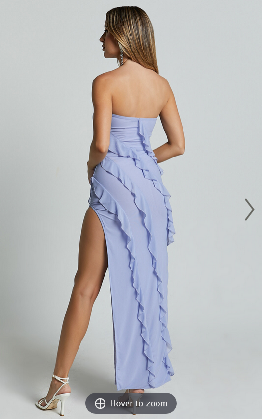 Showpo Alyssa Midi Dress - Strapless High Slit Ruffle Detail Dress in Soft Blue