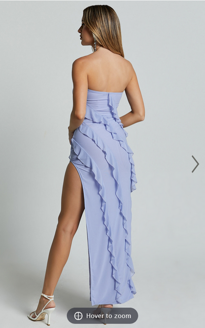 Showpo Alyssa Midi Dress - Strapless High Slit Ruffle Detail Dress in Soft Blue