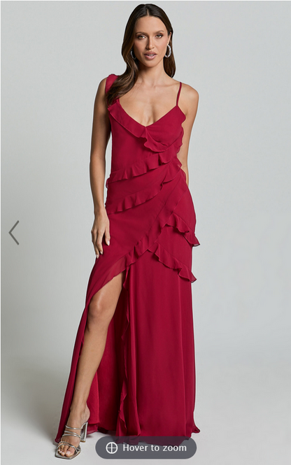 Showpo Nitha Maxi Dress - Asymmetrical Frill Thigh Split Dress