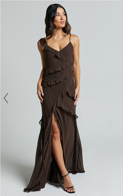 Showpo Nitha Maxi Dress - Asymmetrical Frill Thigh Split Dress