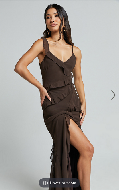 Showpo Nitha Maxi Dress - Asymmetrical Frill Thigh Split Dress