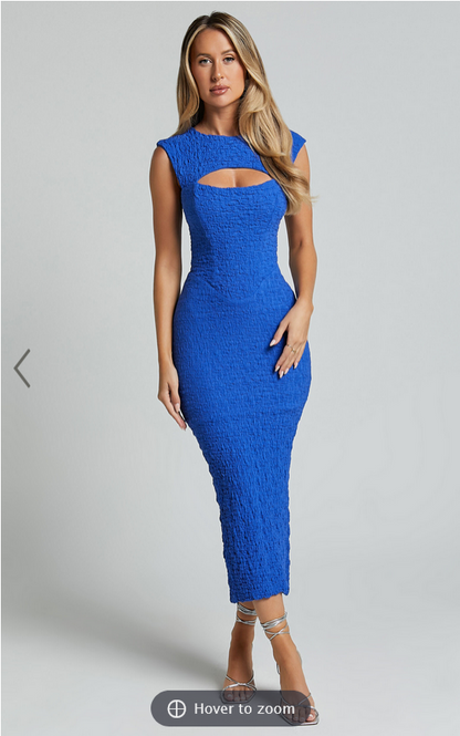 Showpo Alfie Midi Dress - High Neck Sleeveless Cut Out Front Dress in Cobalt Blue