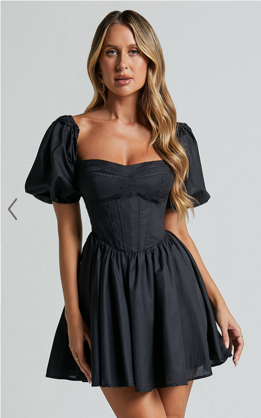 Showpo Souza Mini Dress - Fit and Flare Puff Sleeve Corset Dress