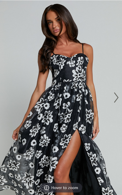 Showpo Nikky Midi Dress - Organza Full Skirt Dress in Black Floral