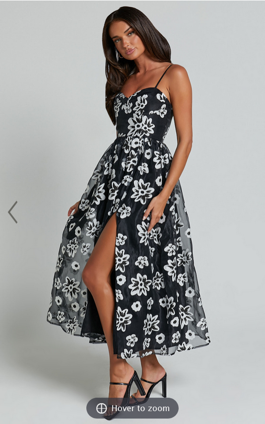 Showpo Nikky Midi Dress - Organza Full Skirt Dress in Black Floral