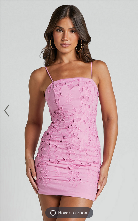 Showpo Kellie Mini Dress - Strappy Embroidered Lace Dress in Pink