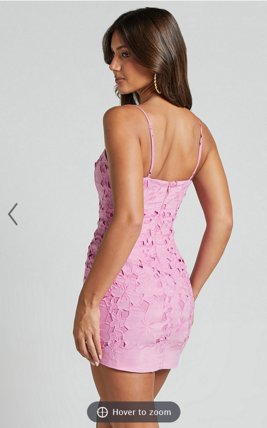 Showpo Kellie Mini Dress - Strappy Embroidered Lace Dress in Pink