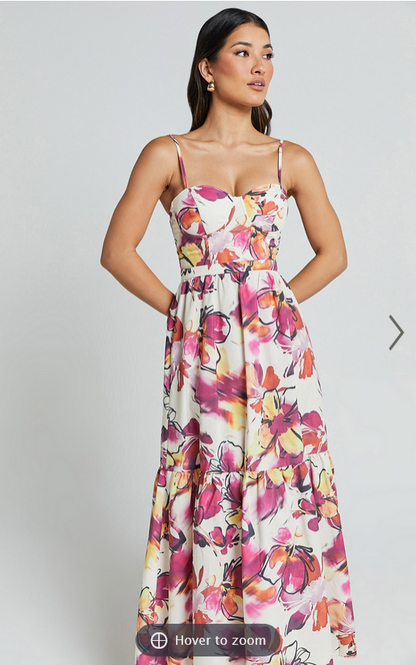 Showpo Adara Midi Dress - Strappy Bustier Dress in Dahlia Dusk Floral