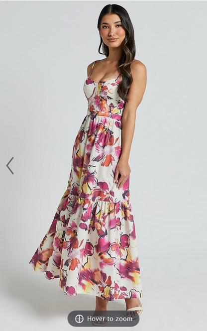 Showpo Adara Midi Dress - Strappy Bustier Dress in Dahlia Dusk Floral