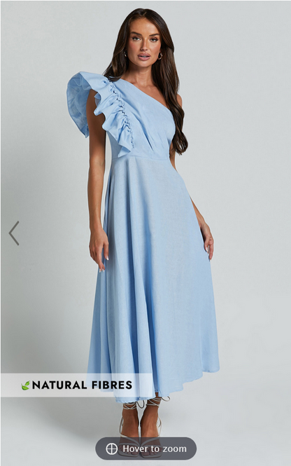 Showpo Dixie Midi Dress - Linen Look One Shoulder Ruffle Dress