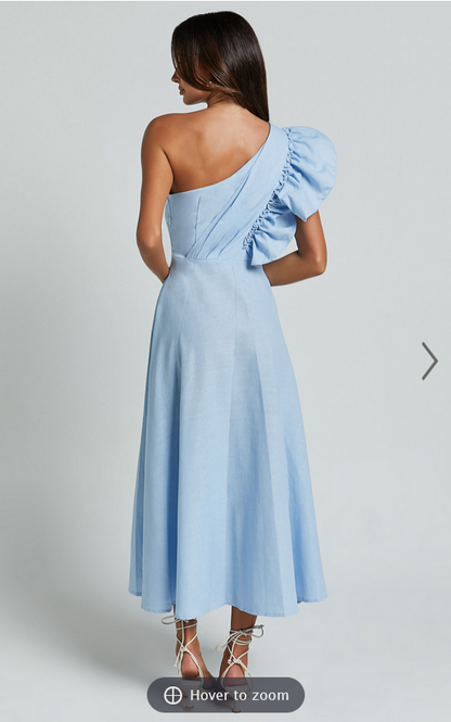 Showpo Dixie Midi Dress - Linen Look One Shoulder Ruffle Dress