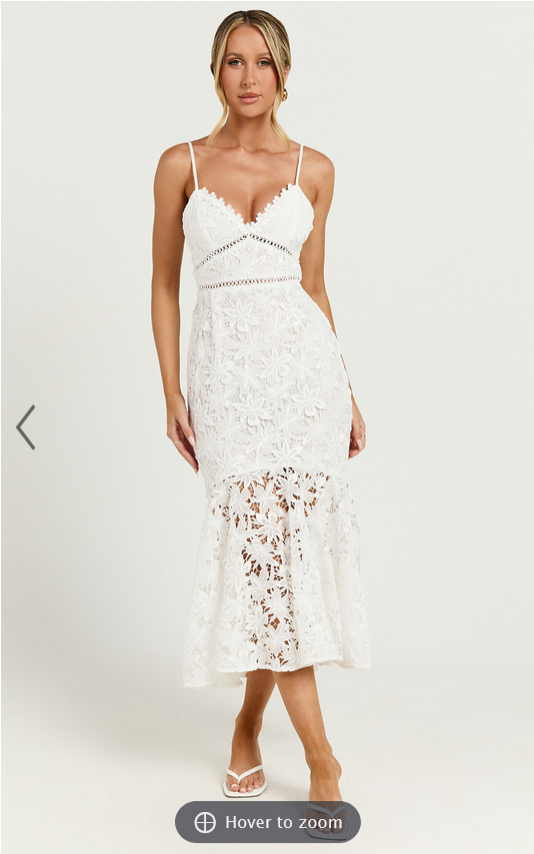 Showpo Aracely Midi Dress - Strappy Sweetheart Lace Mermaid Dress in White