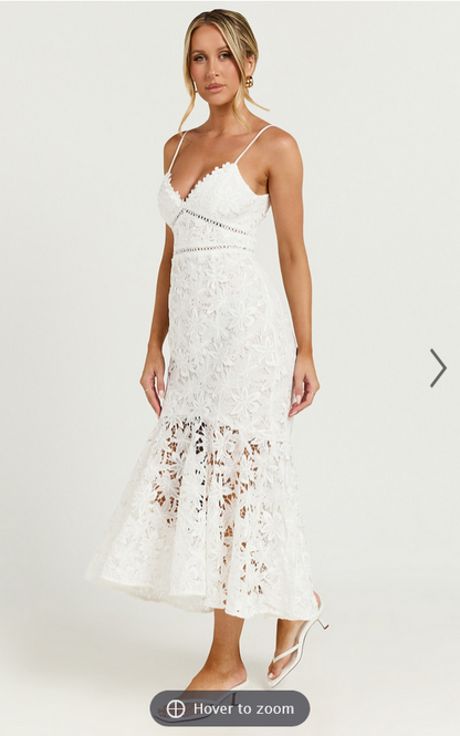 Showpo Aracely Midi Dress - Strappy Sweetheart Lace Mermaid Dress in White