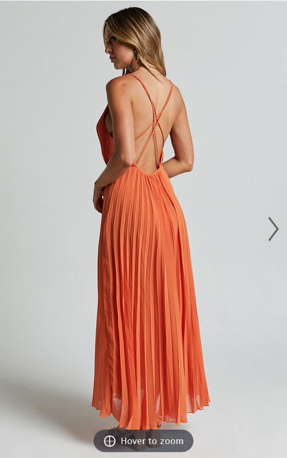 Showpo Brylee Midi Dress - Satin Pleated Wrap Dress in Orange