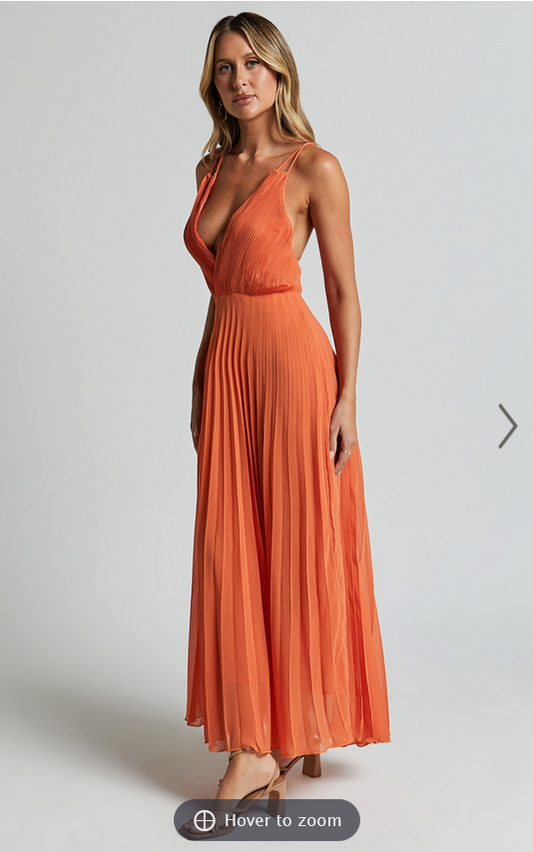 Showpo Brylee Midi Dress - Satin Pleated Wrap Dress in Orange