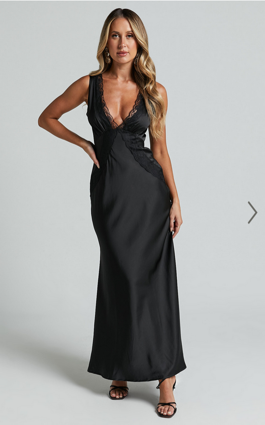 Showpo Chrissie Maxi Dress - Lace Detail Plunge Dress in Black