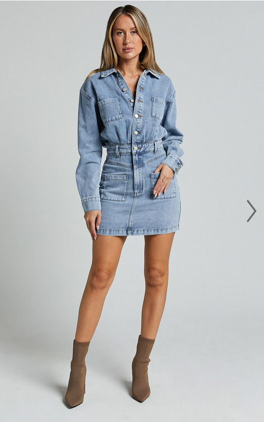 Showpo Kamala Mini Dress - Long Sleeve Button Through Denim Dress in Light Blue Wash